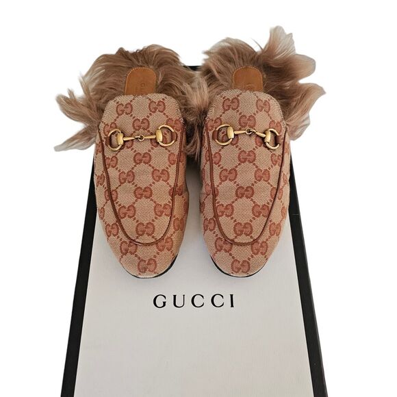 Gucci GG Monogram Princetown Horsebit Fur Lined Mule Flat Size 37.5 Beige Brown - Picture 9 of 9